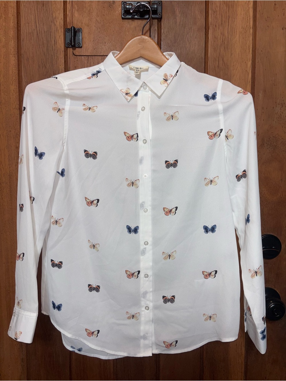 Women’s White Button-Up Blouse with Butterfly Print